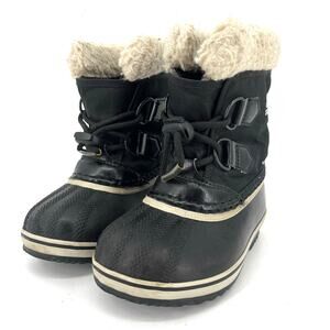 Sorel Black Canvas Kids 9 Waterproof Caribou Lined Faux Fur Winter Rain Boots